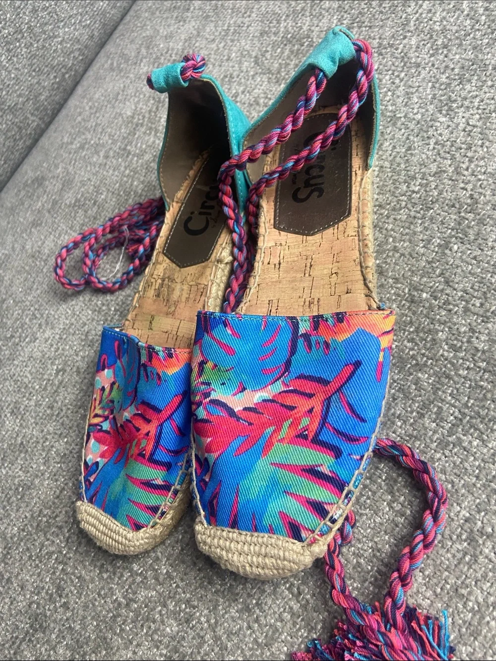 Sam Edelman Circus Bright Teal & Pink Braided Espadrille Wedges 8